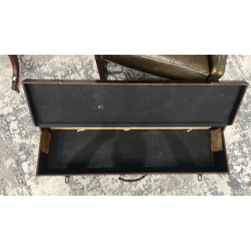 14 - Long wooden carrying case with leather handle and twin metal latches, interior black-painted; early ... 