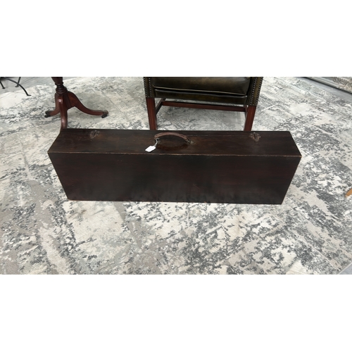14 - Long wooden carrying case with leather handle and twin metal latches, interior black-painted; early ... 