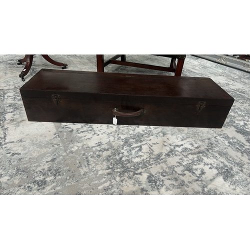 14 - Long wooden carrying case with leather handle and twin metal latches, interior black-painted; early ... 
