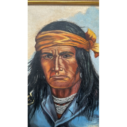 44 - Signed A.R. Overy, oil on canvas portrait of a Native American warrior wearing a bead necklace, ochr... 