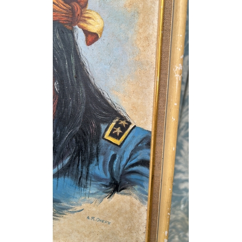 44 - Signed A.R. Overy, oil on canvas portrait of a Native American warrior wearing a bead necklace, ochr... 
