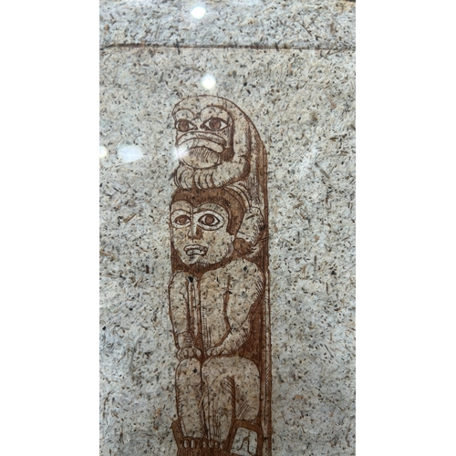 45 - Tall brown line etching on deckle-edged handmade paper depicting the Alaskan Four-Story Totem, inscr... 