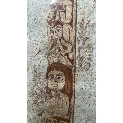 45 - Tall brown line etching on deckle-edged handmade paper depicting the Alaskan Four-Story Totem, inscr... 