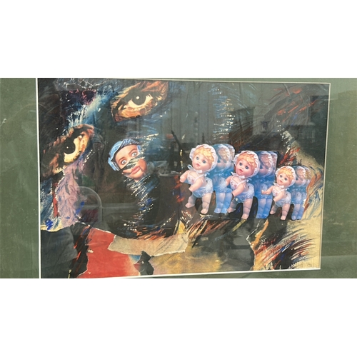 46 - Surrealist mixed-media collage titled “The Doll”, 39 × 26 cm, depicting repeated doll figures within... 
