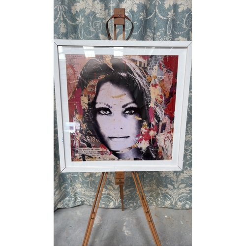 48 - Square giclée print portraying a monochrome female face over vibrant collage fragments and paint dri... 