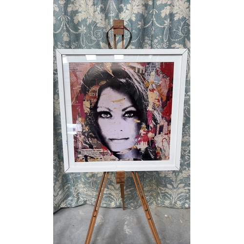 48 - Square giclée print portraying a monochrome female face over vibrant collage fragments and paint dri... 