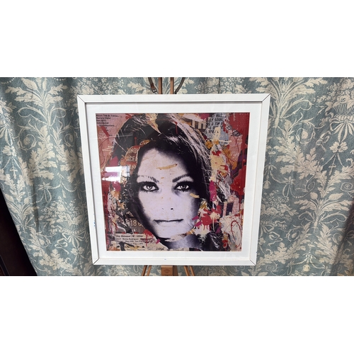 48 - Square giclée print portraying a monochrome female face over vibrant collage fragments and paint dri... 