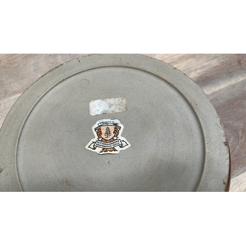 40 - Wheel-thrown stoneware bowl with ochre and brown banded glaze, paper label for Nottinghamshire Craft... 