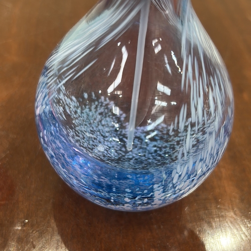 36 - Group of four hand-blown studio art glass pieces: clear ice-textured votive, pink spiral miniature v... 