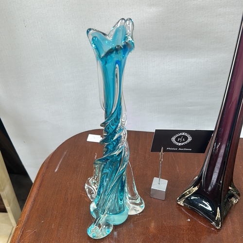 38 - Six Mid-Century blown and moulded bud vases including a sommerso faceted cranberry example, twisted ... 