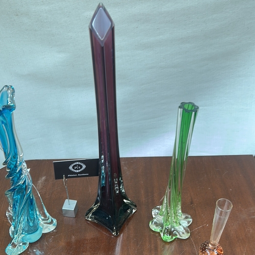 38 - Six Mid-Century blown and moulded bud vases including a sommerso faceted cranberry example, twisted ... 