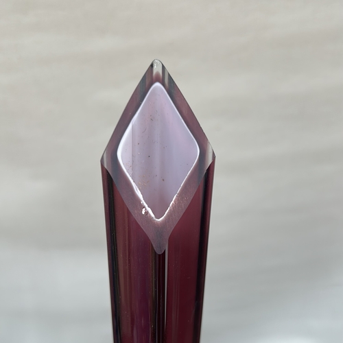 38 - Six Mid-Century blown and moulded bud vases including a sommerso faceted cranberry example, twisted ... 