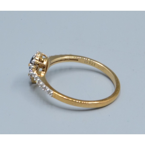 15 - 9ct gold ladies Pear shape Sapphire dress ring with clear stone decoration size R, 2.2grams