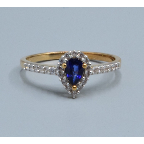 15 - 9ct gold ladies Pear shape Sapphire dress ring with clear stone decoration size R, 2.2grams