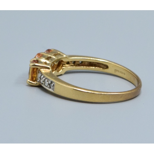 28 - 9ct gold ladies Citrine 3 stone and Diamond ring size N, 2.6grams