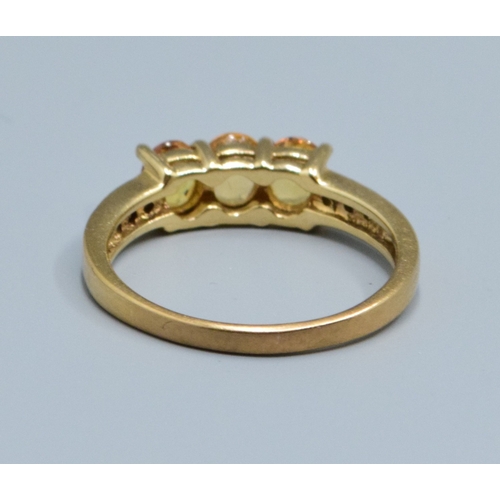 28 - 9ct gold ladies Citrine 3 stone and Diamond ring size N, 2.6grams
