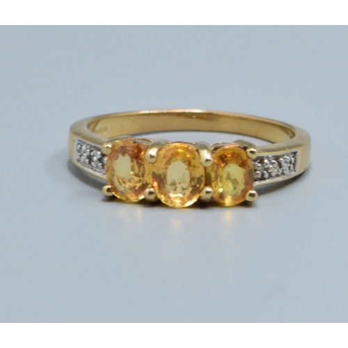28 - 9ct gold ladies Citrine 3 stone and Diamond ring size N, 2.6grams
