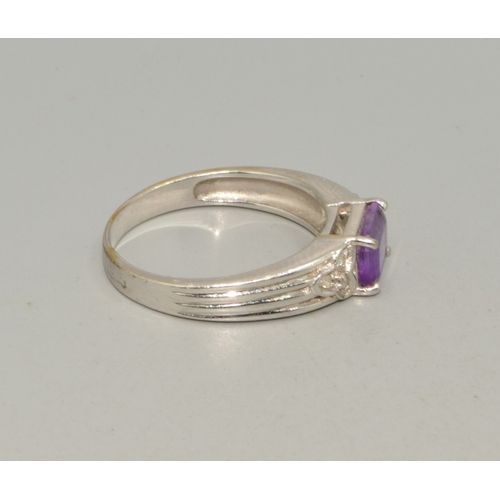 69 - 9ct white gold ladies Amethyst and Diamond shoulder bar ring size N, 2.9grams