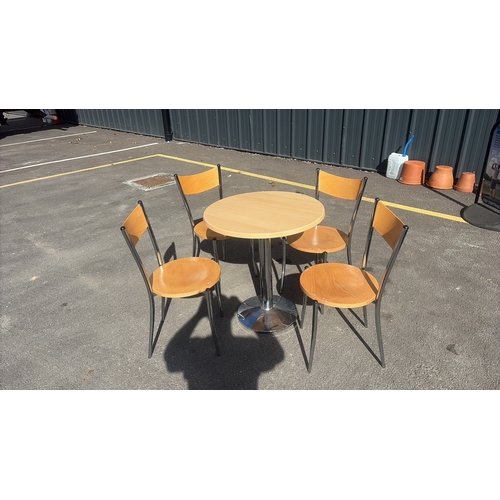 280 - Set of Frovi contract café furniture comprising circular beech top pedestal table on chromed steel b... 
