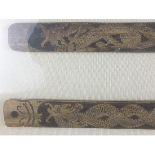 294 - Bornean Mounted trio of Carved Wood Hair Sticks Carved with Dragons. Framed and Glazed. Early 20th C... 