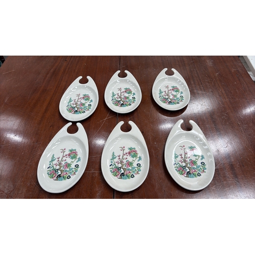 314 - Set of 6 Maddock Hotelware white ceramic hook-handled side dishes, transfer printed with stylised or... 