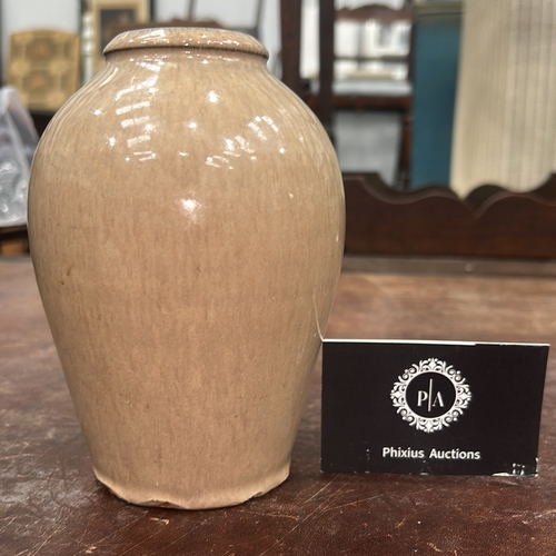 71 - Small ovoid stoneware vase with narrow collar rim, pale beige gloss glaze, crowned monogram stamp an... 