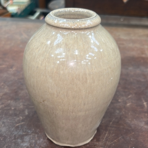 71 - Small ovoid stoneware vase with narrow collar rim, pale beige gloss glaze, crowned monogram stamp an... 