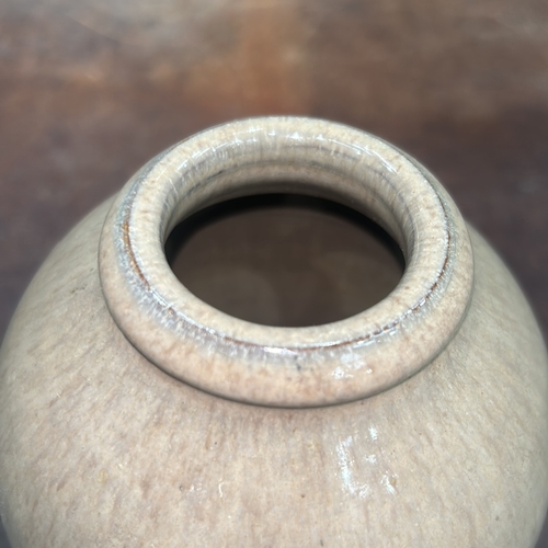 71 - Small ovoid stoneware vase with narrow collar rim, pale beige gloss glaze, crowned monogram stamp an... 