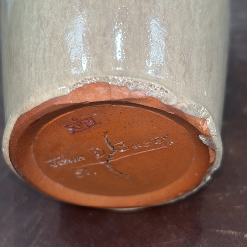 71 - Small ovoid stoneware vase with narrow collar rim, pale beige gloss glaze, crowned monogram stamp an... 