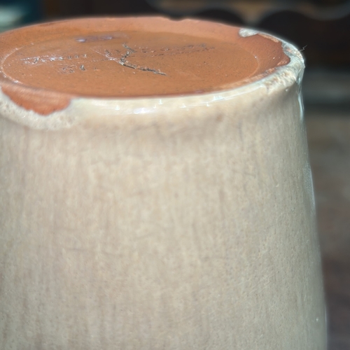 71 - Small ovoid stoneware vase with narrow collar rim, pale beige gloss glaze, crowned monogram stamp an... 