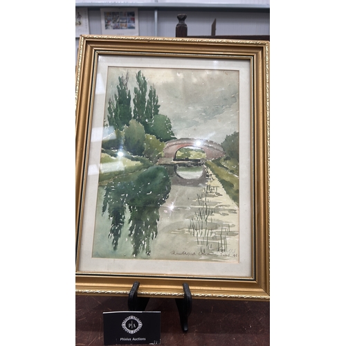 77 - Watercolour on paper, Trowbridge Canal with arched bridge and reflections, signed Thomas Rutter and ... 
