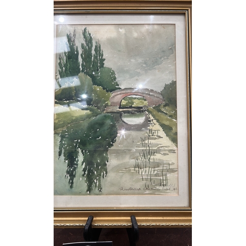 77 - Watercolour on paper, Trowbridge Canal with arched bridge and reflections, signed Thomas Rutter and ... 
