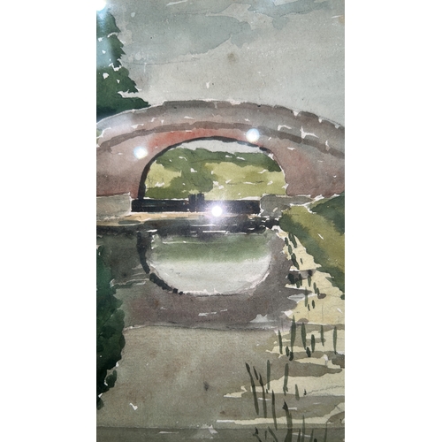 77 - Watercolour on paper, Trowbridge Canal with arched bridge and reflections, signed Thomas Rutter and ... 