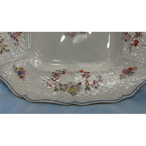 79 - Pair of English porcelain square serving plates, moulded basketweave panels hand-painted with polych... 