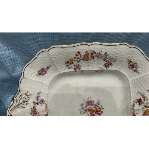 79 - Pair of English porcelain square serving plates, moulded basketweave panels hand-painted with polych... 