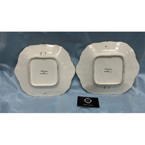 79 - Pair of English porcelain square serving plates, moulded basketweave panels hand-painted with polych... 