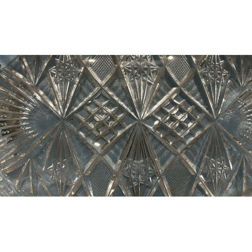 81 - Three-piece pressed glass serving set, comprising an oval diamond-cut tray, scalloped circular bowl ... 