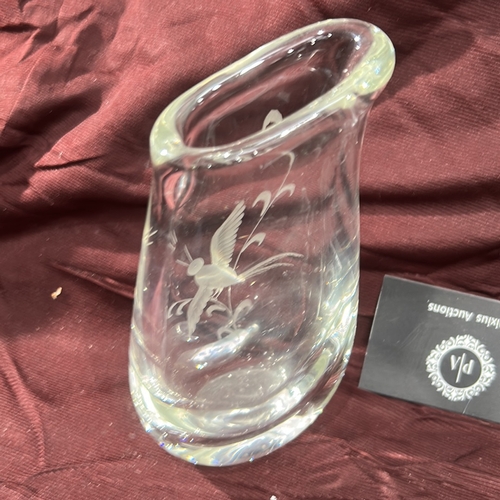 122 - Magnor Glassverk crystal bud vase with asymmetrical rim, wheel-engraved with a flying pheasant among... 