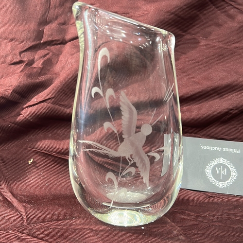 122 - Magnor Glassverk crystal bud vase with asymmetrical rim, wheel-engraved with a flying pheasant among... 