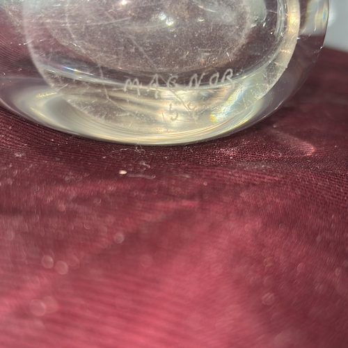 122 - Magnor Glassverk crystal bud vase with asymmetrical rim, wheel-engraved with a flying pheasant among... 