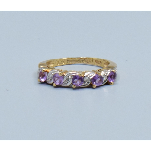 36 - 9ct gold ladies vintage Amethyst and Diamond wave half eternity ring hall marked as Diamond size L, ... 