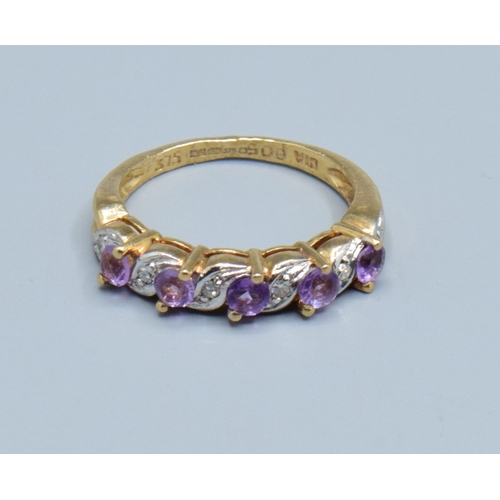 36 - 9ct gold ladies vintage Amethyst and Diamond wave half eternity ring hall marked as Diamond size L, ... 