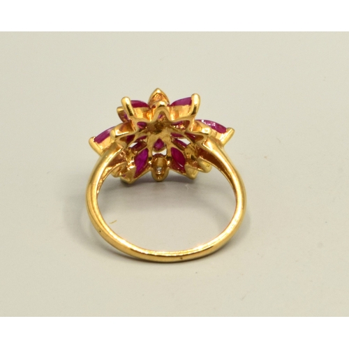 40 - Large Diamond and Ruby ladies fancy statement ring in the shape of a star burst in 9ct gold size P, ... 