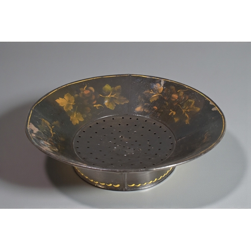 66 - A 19th Century French Toleware strainer / colander.painted bunches of grapes.37.5 x 10.5cm... 
