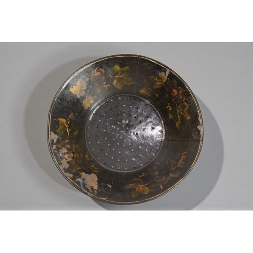 66 - A 19th Century French Toleware strainer / colander.painted bunches of grapes.37.5 x 10.5cm... 