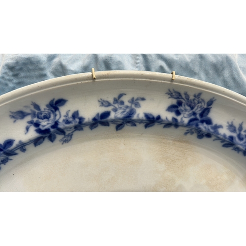 190 - Large oval blue and white transfer-printed ironstone platter, ‘Rose Wreath’ pattern with rose garlan... 