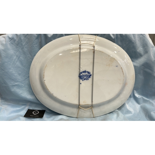 190 - Large oval blue and white transfer-printed ironstone platter, ‘Rose Wreath’ pattern with rose garlan... 