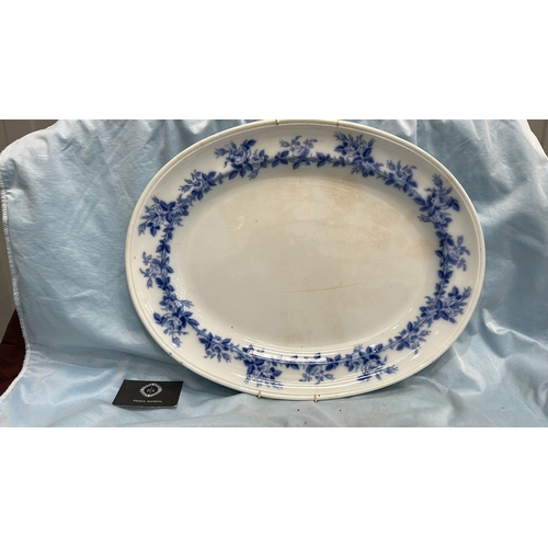 190 - Large oval blue and white transfer-printed ironstone platter, ‘Rose Wreath’ pattern with rose garlan... 