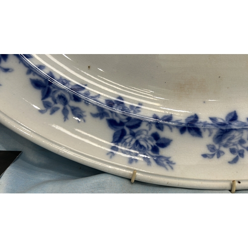 190 - Large oval blue and white transfer-printed ironstone platter, ‘Rose Wreath’ pattern with rose garlan... 