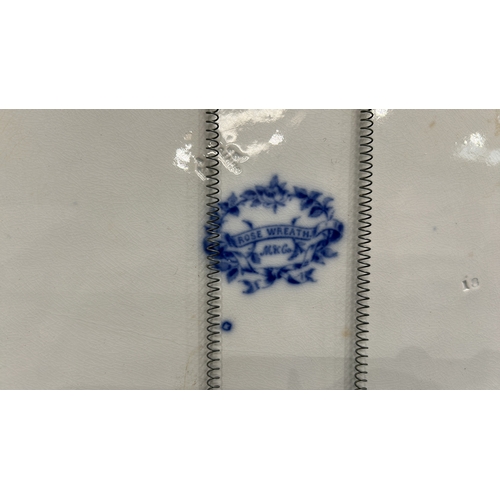 190 - Large oval blue and white transfer-printed ironstone platter, ‘Rose Wreath’ pattern with rose garlan... 